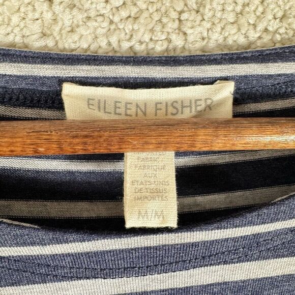 Eileen Fisher Tunic Navy Gray Stripe Womens Medium Round Neck Stretch Shirt Top - Picture 7 of 11